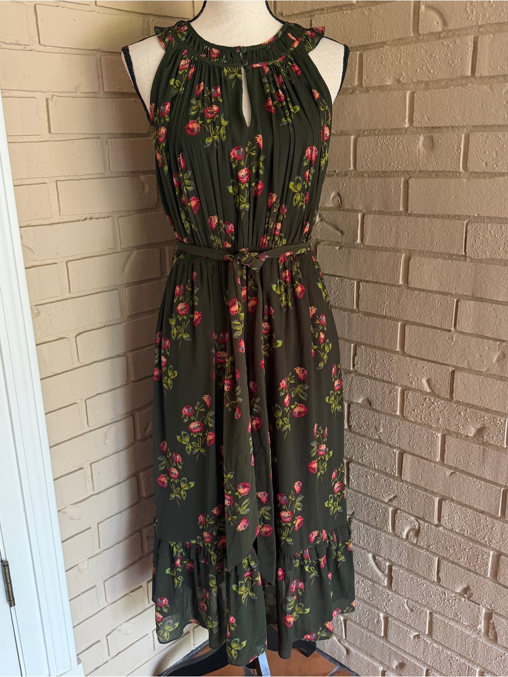J Crew Point Sur Ruffle Midi Dress Green Floral Wedding Guest Fairycore Size 10
